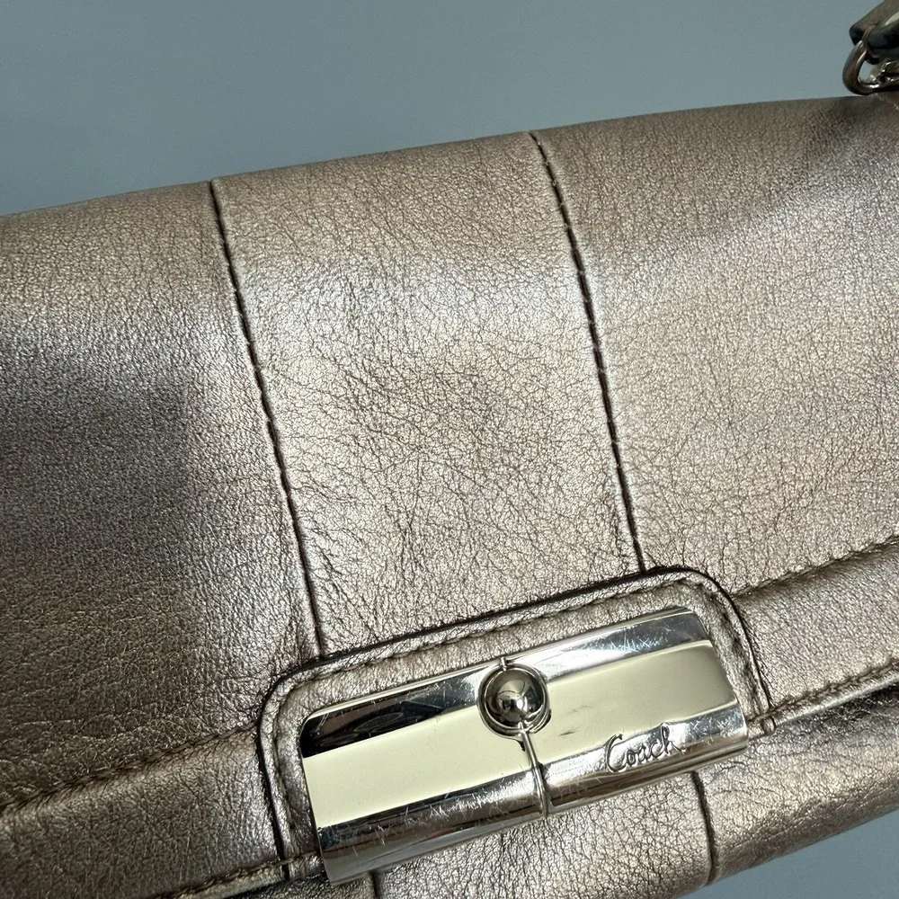 COACH KRISTIN Soft Pebbled Leather Silver Metallic Wristlet Top Handle Mini Bag